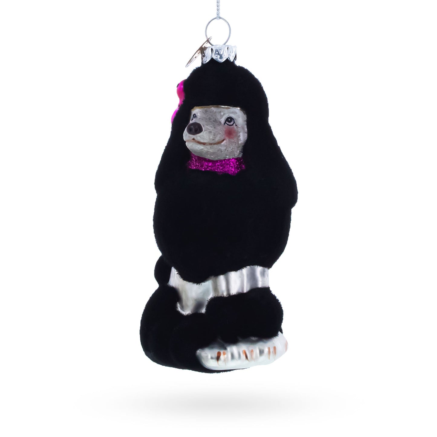 Black Poodle Dog with Faux Fur Glass Christmas Ornament