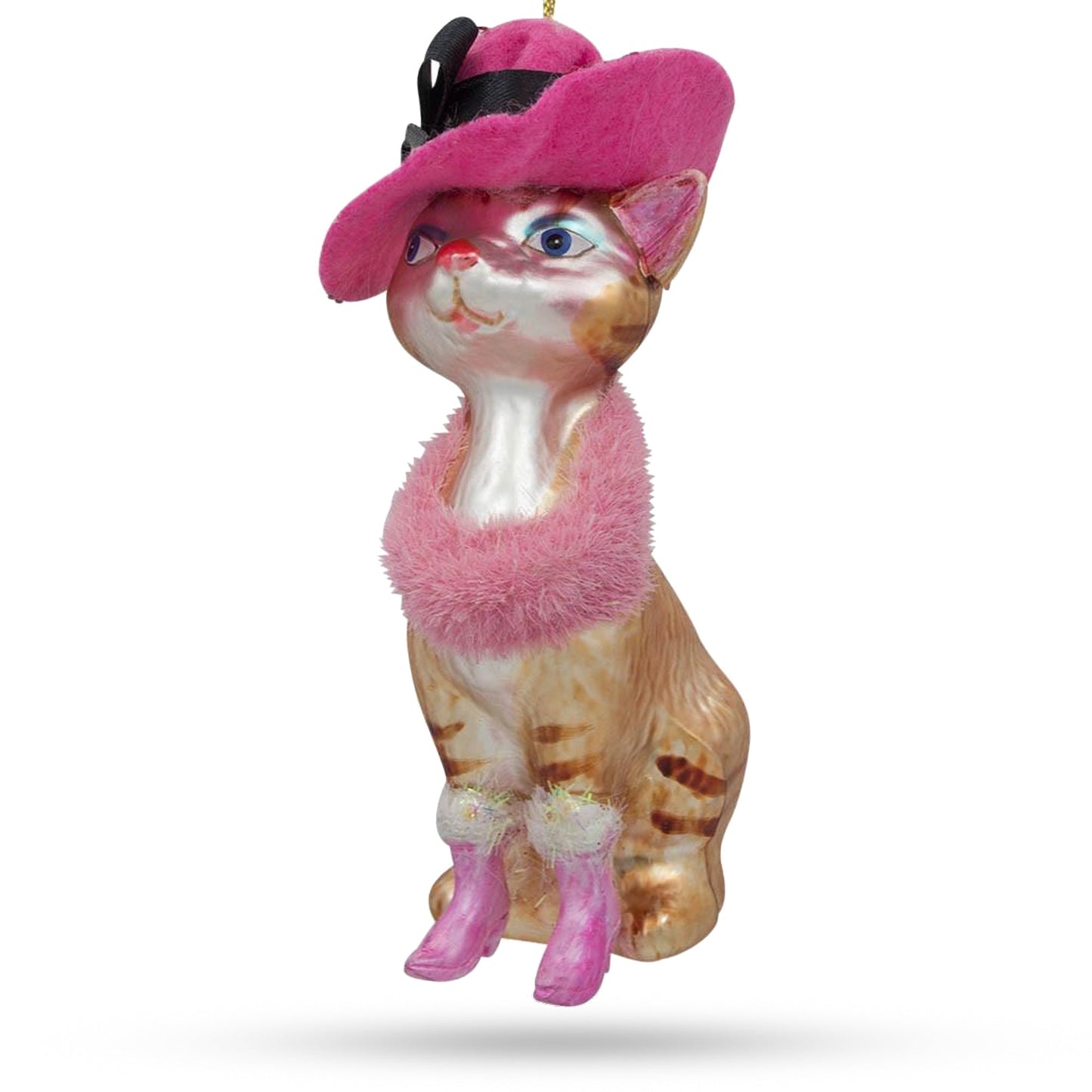 Elegant Lady Cat with Pink Hat Masterful Blown Glass Christmas Ornament