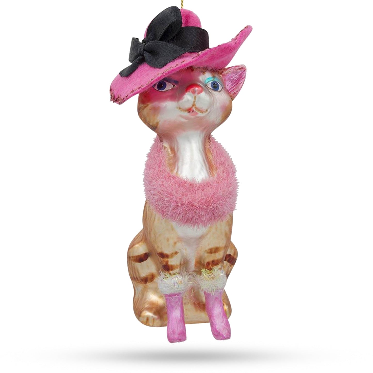 Elegant Lady Cat with Pink Hat Masterful Blown Glass Christmas Ornament