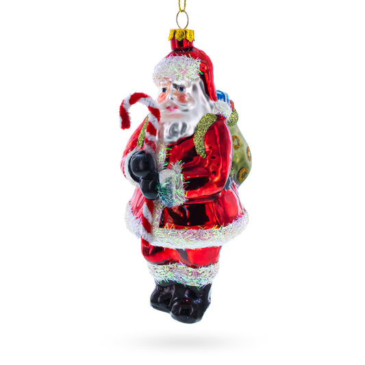 Santa Claus Holding Candy Cane and Gifts Blown Glass Christmas Ornament