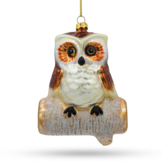 Wise Owl Sitting on a Branch Blown Glass Christmas Ornament