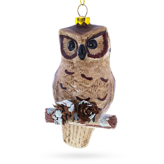 Wise Owl Perched on Branch Blown Glass Christmas Ornament