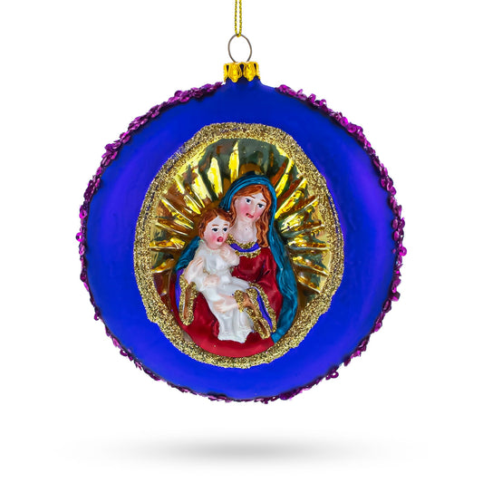 Sacred Mary Holding Jesus on Purple Disc Blown Glass Christmas Ornament