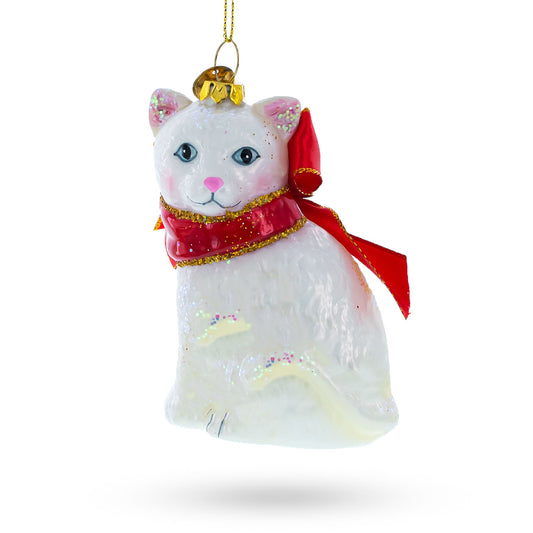 White Persian Cat Blown Glass Christmas Ornament