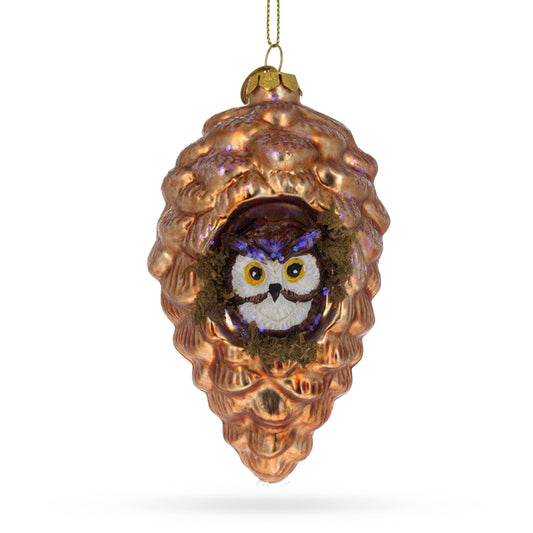 Wise Owl Nestled in Pine Cone Blown Glass Christmas Ornament