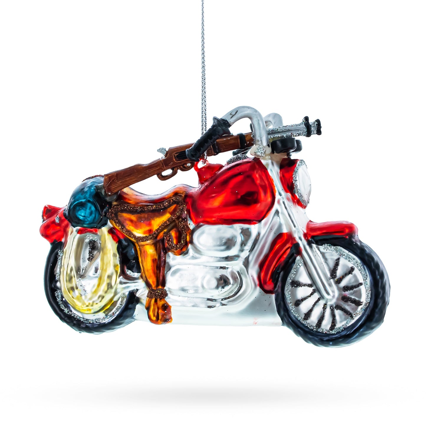 Rugged Hunter's Motorcycle Blown Glass Christmas Ornament