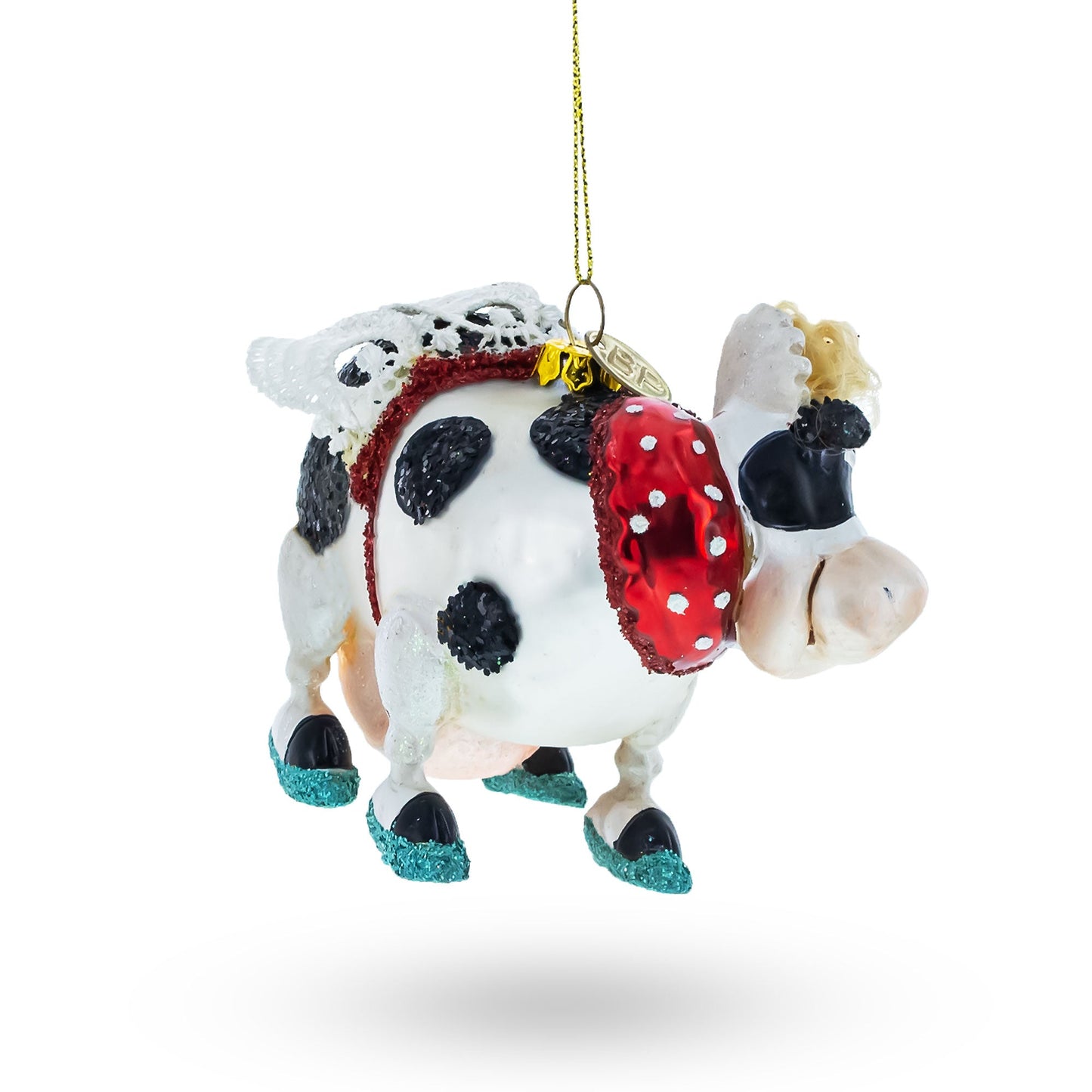 Fantastical Cow Sporting Wings Glass Christmas Ornament