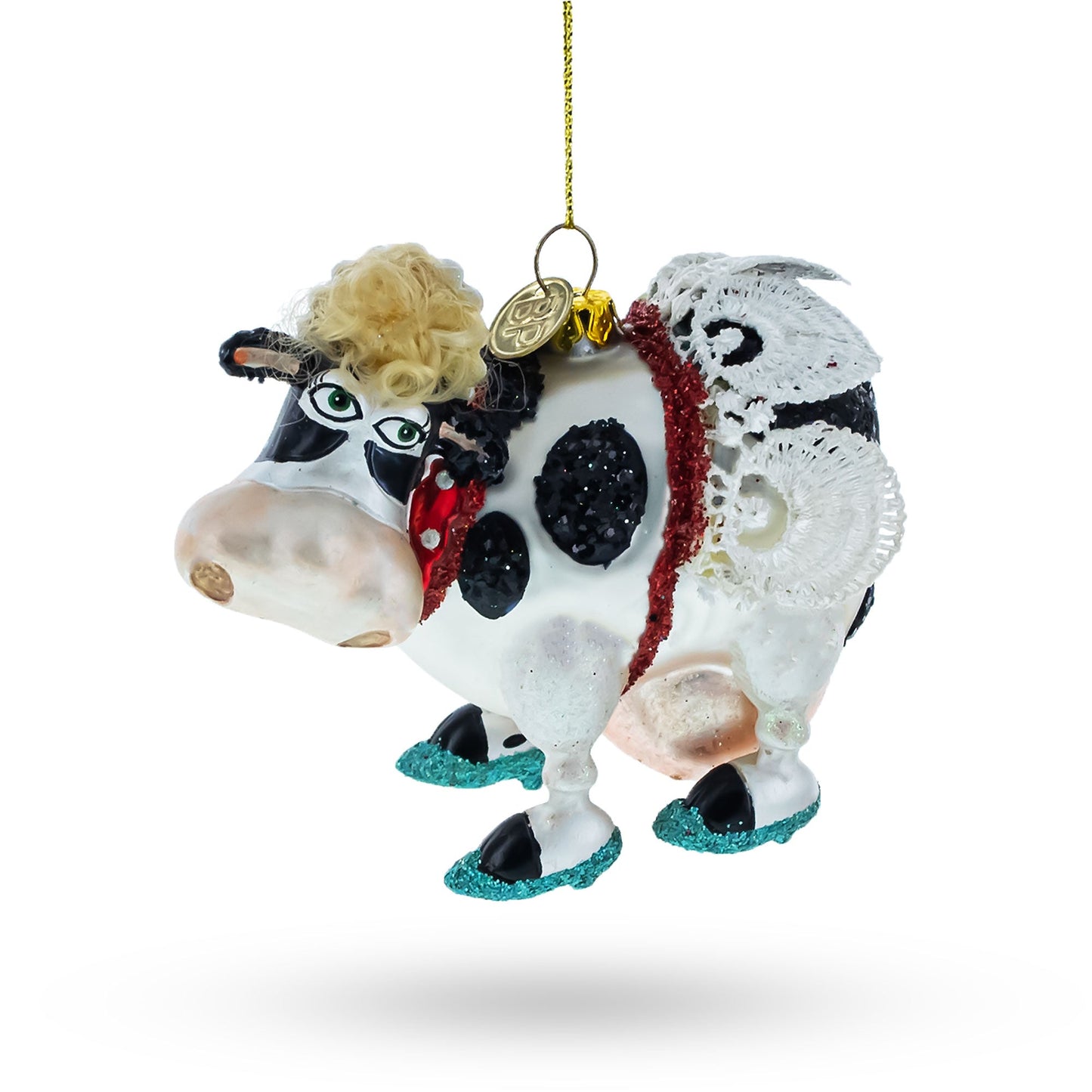 Fantastical Cow Sporting Wings Glass Christmas Ornament