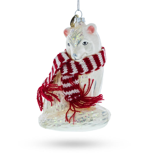 Arctic Fox with Scarf Blown Glass Christmas Ornament