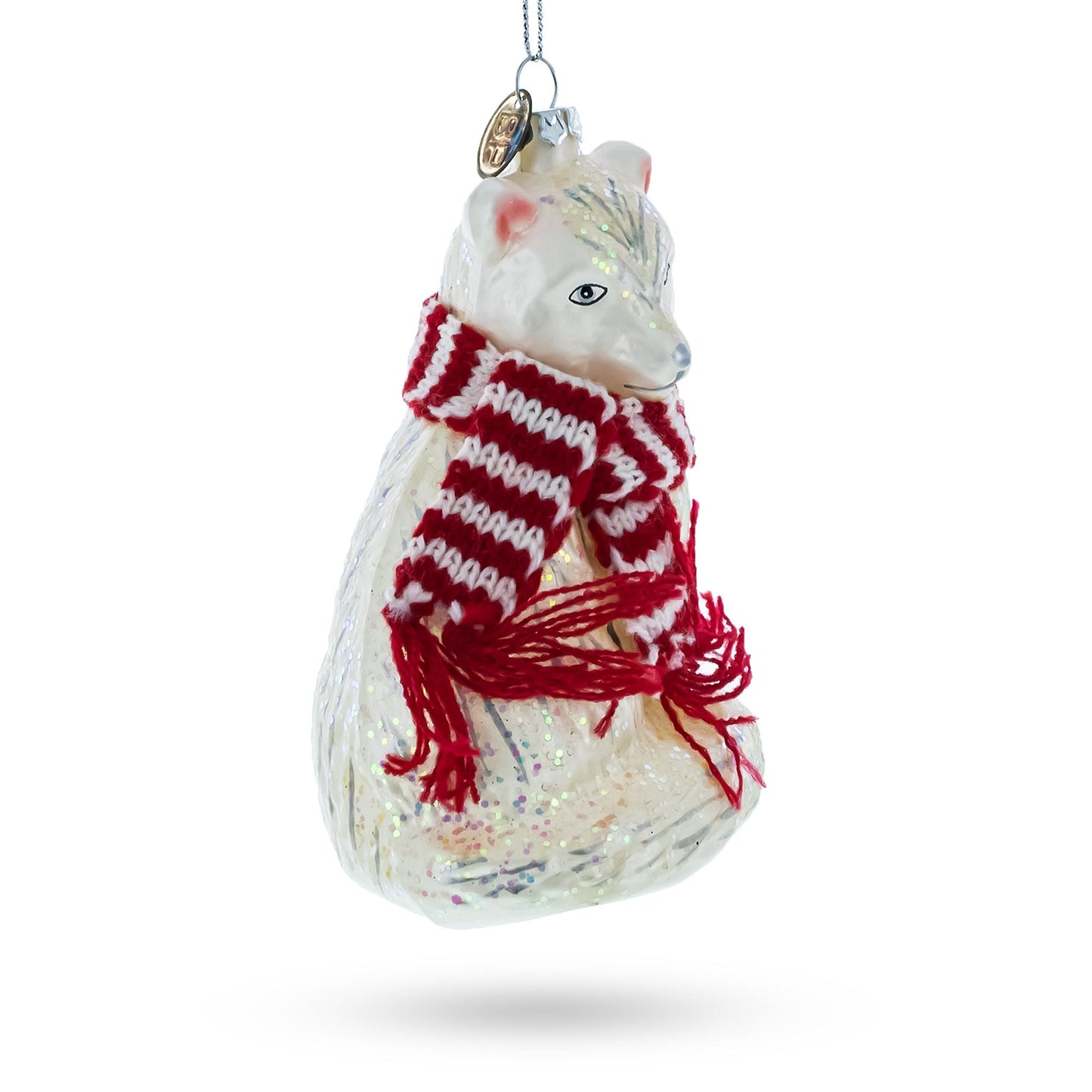 Arctic Fox with Scarf Blown Glass Christmas Ornament