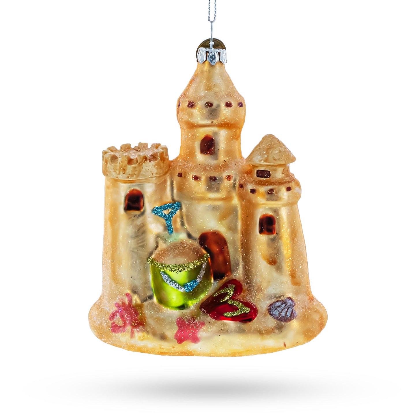 Beachy Sand Castle Blown Glass Christmas Ornament