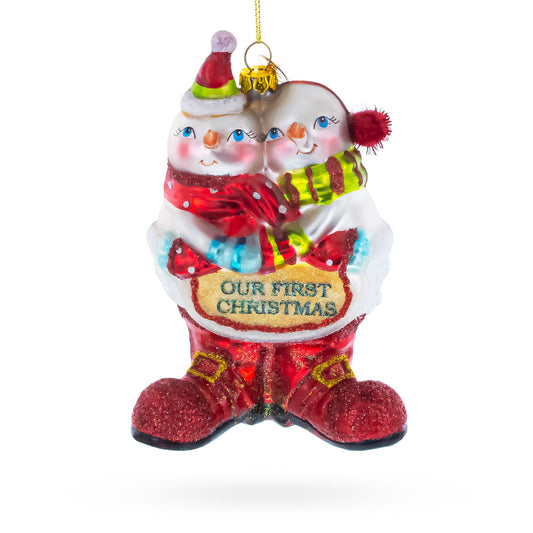 Romantic Snowmen Couple: Our First Christmas Blown Glass Christmas Ornament