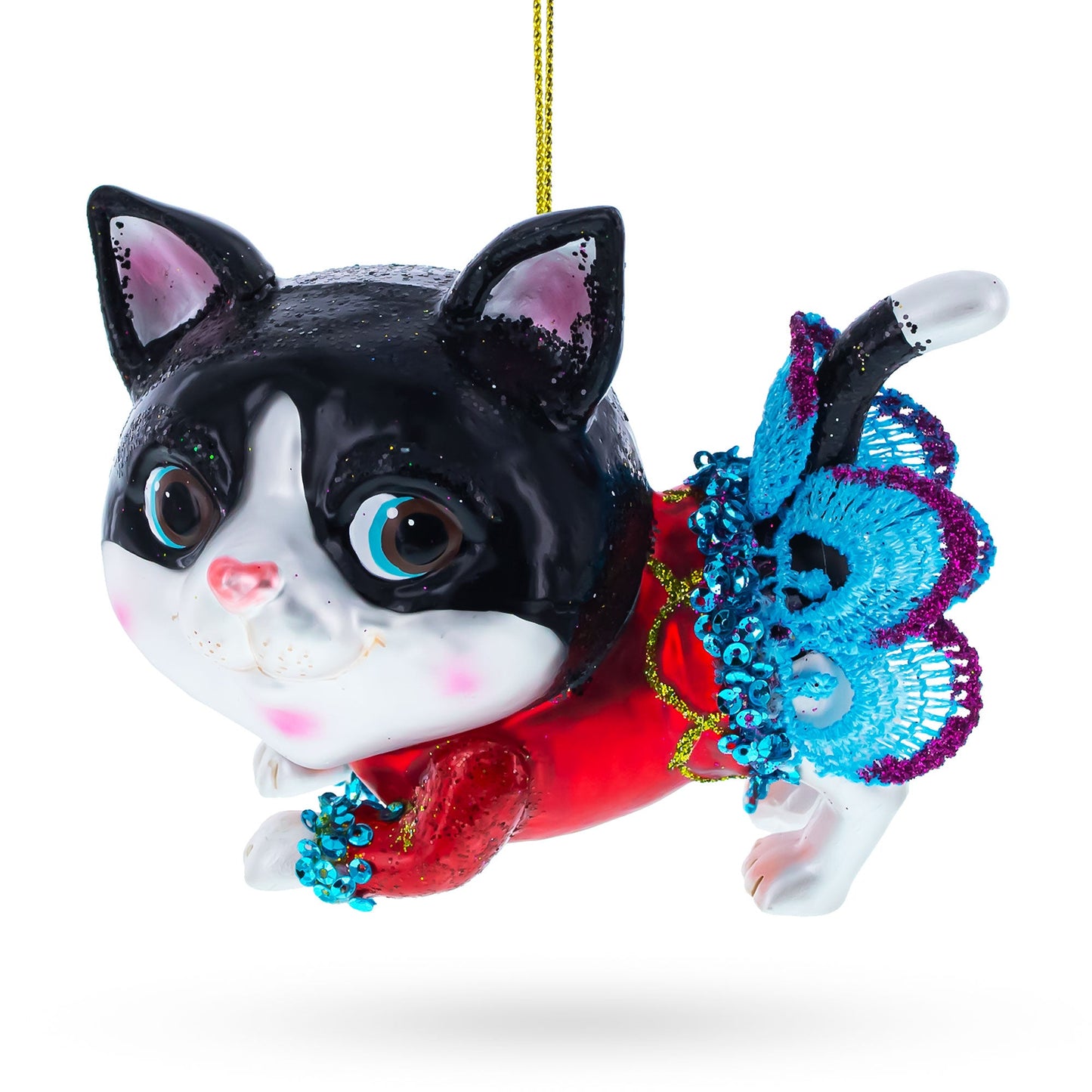 Black Cat Wearing a Dress Blown Glass Christmas Ornament