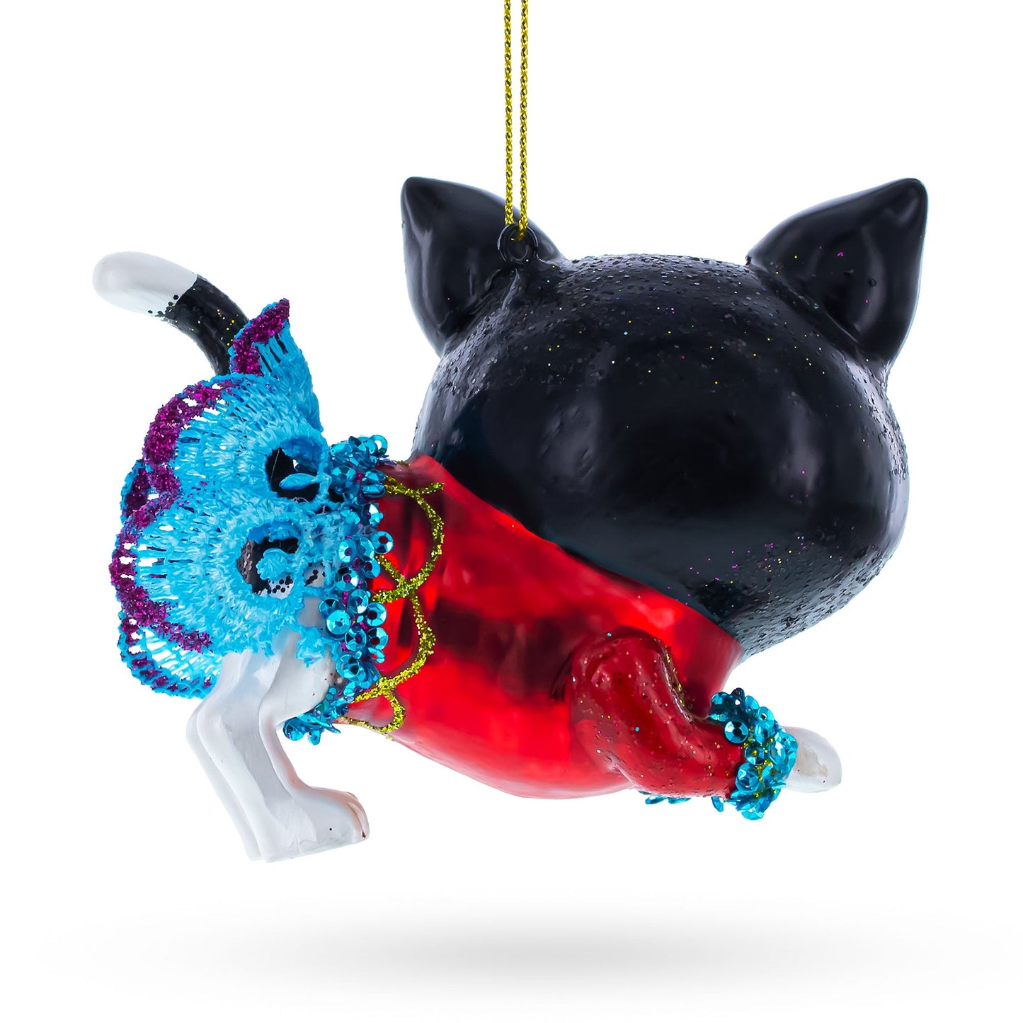 Black Cat Wearing a Dress Blown Glass Christmas Ornament