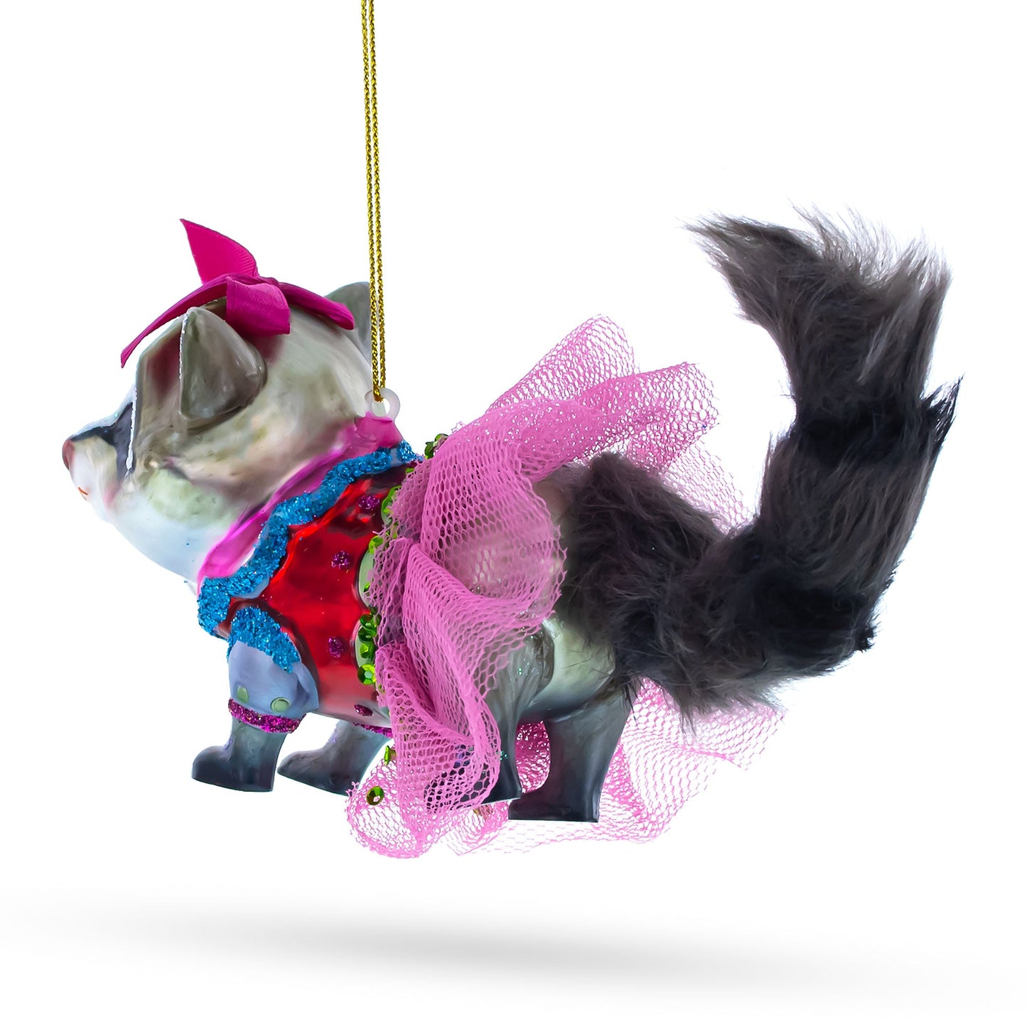 Quirky Raccoon in Dress Blown Glass Christmas Ornament