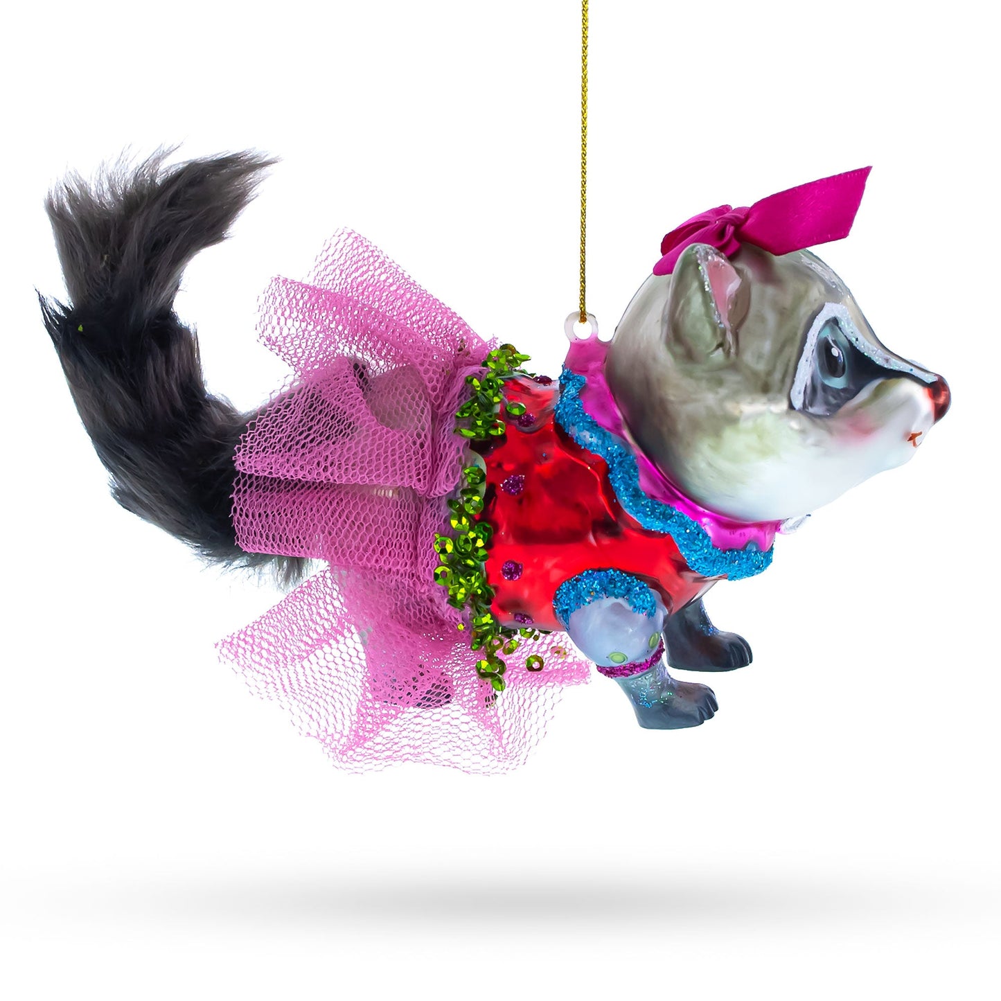 Quirky Raccoon in Dress Blown Glass Christmas Ornament