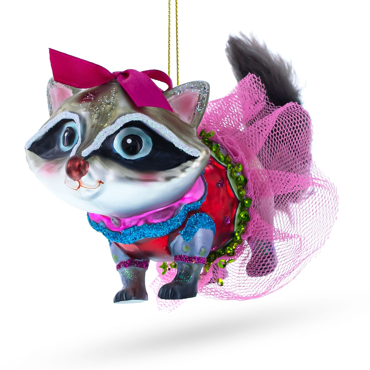 Quirky Raccoon in Dress Blown Glass Christmas Ornament