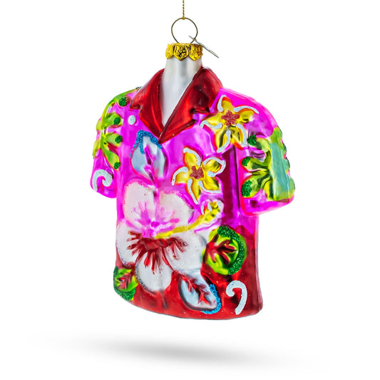 Tropical Short Sleeve Shirt with Flowers Blown Glass Christmas Ornament