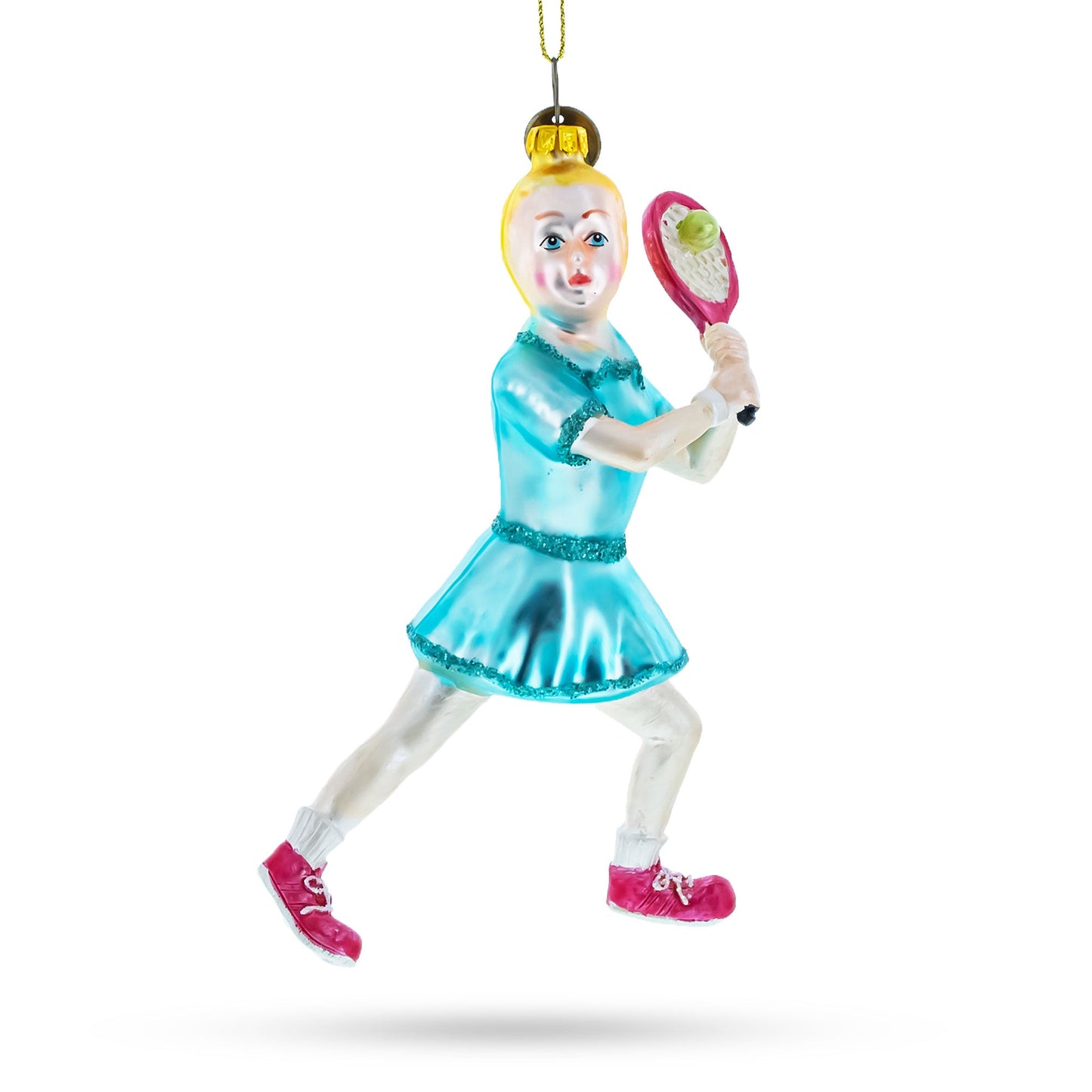 Athletic Girl Playing Tennis Blown Glass Christmas Ornament