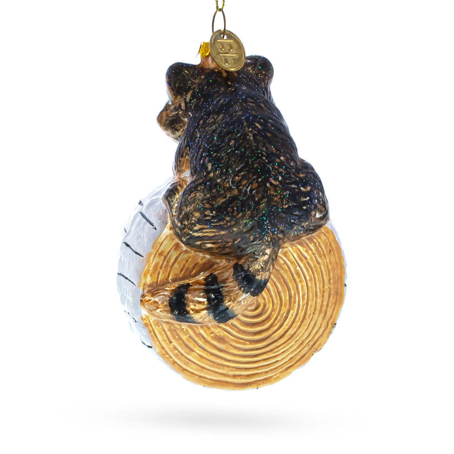 Curious Raccoon on the Log Blown Glass Christmas Ornament