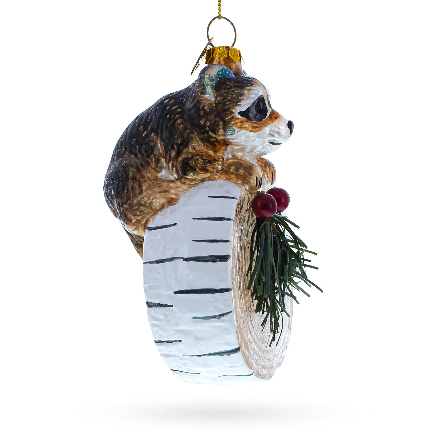 Curious Raccoon on the Log Blown Glass Christmas Ornament