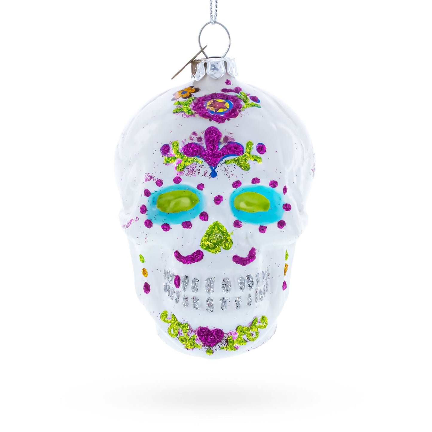 Elegantly Decorated White Skull Glass Christmas Ornament