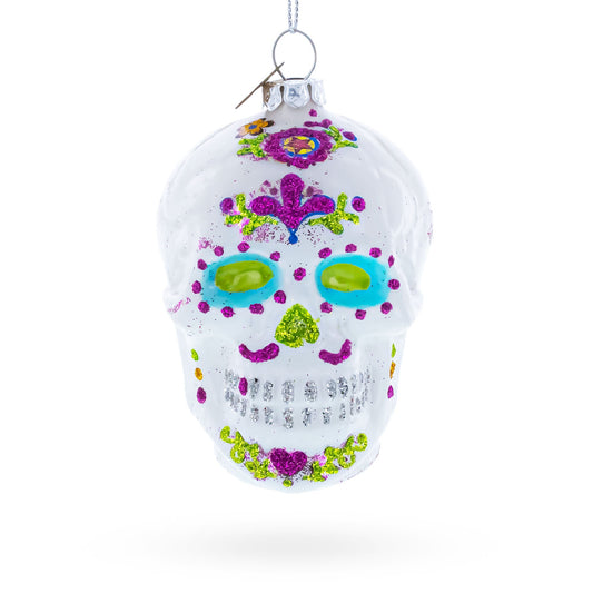 Elegantly Decorated White Skull Glass Christmas Ornament