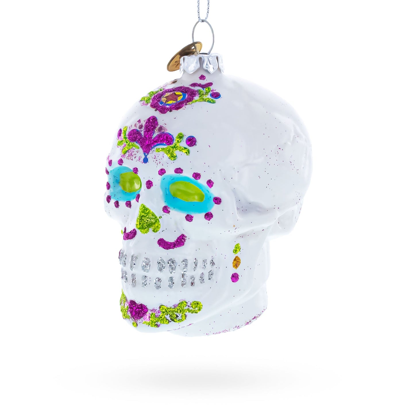 Elegantly Decorated White Skull Glass Christmas Ornament