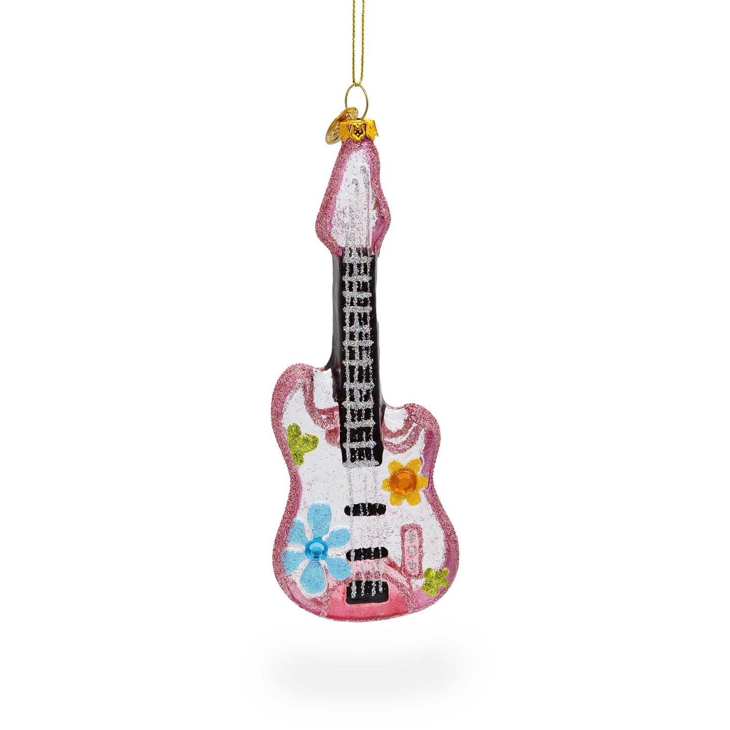 Blossom-Adorned Guitar Blown Glass Christmas Ornament