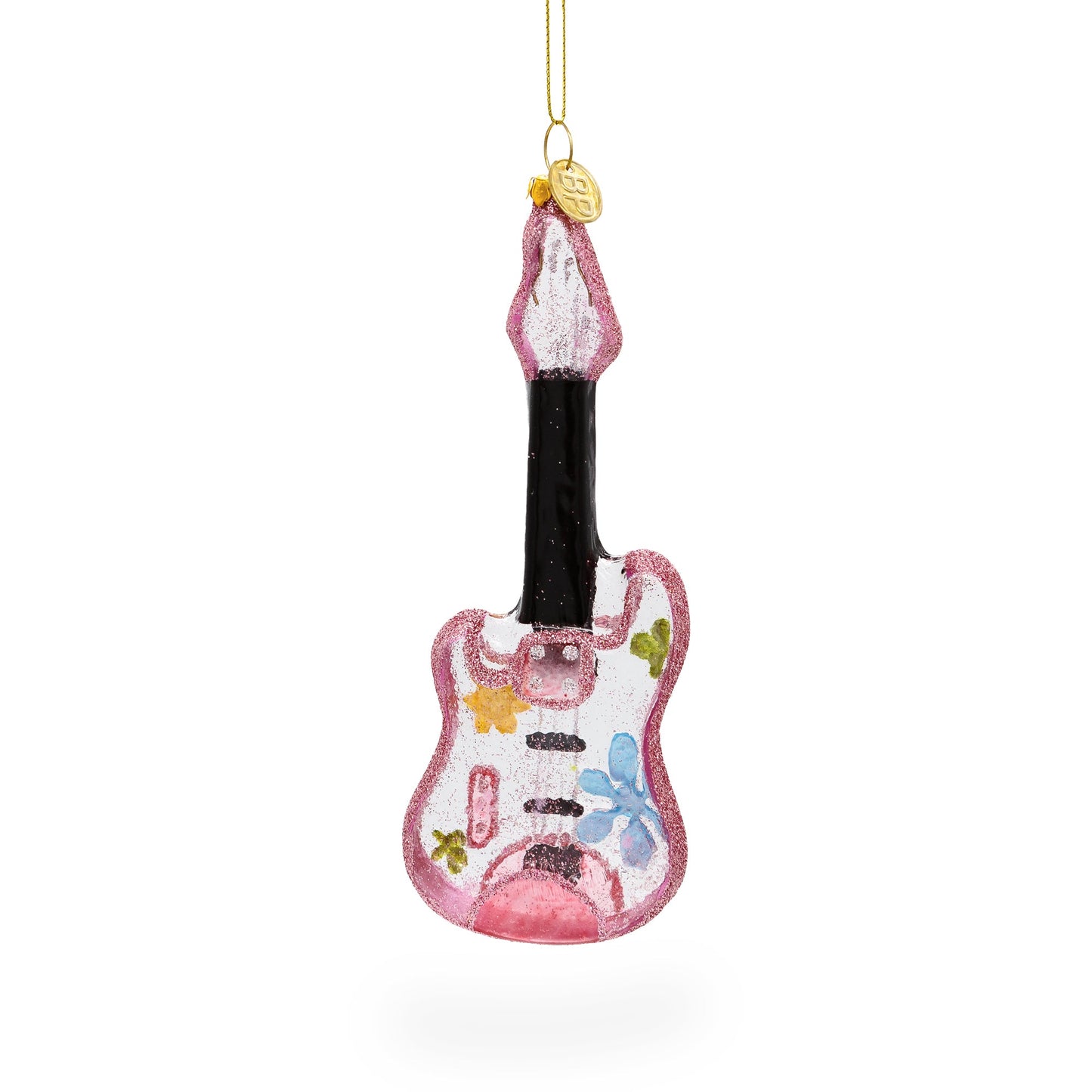 Blossom-Adorned Guitar Blown Glass Christmas Ornament