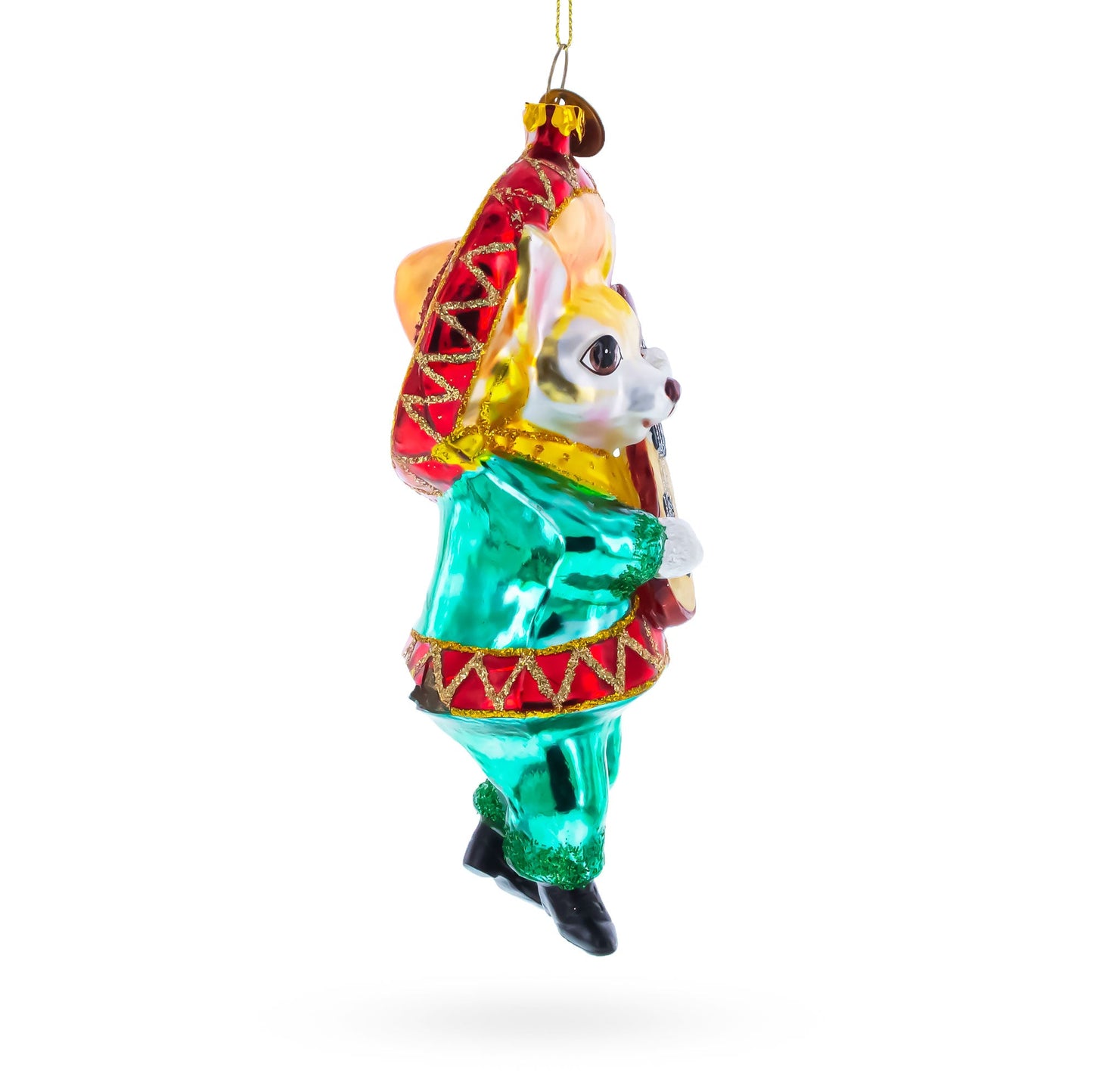 Chihuahua Dog in Sombrero Playing Guitar Blown Glass Christmas Ornament