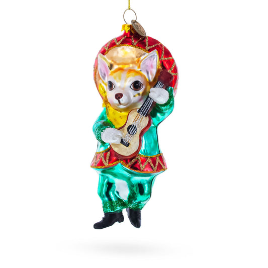 Chihuahua Dog in Sombrero Playing Guitar Blown Glass Christmas Ornament