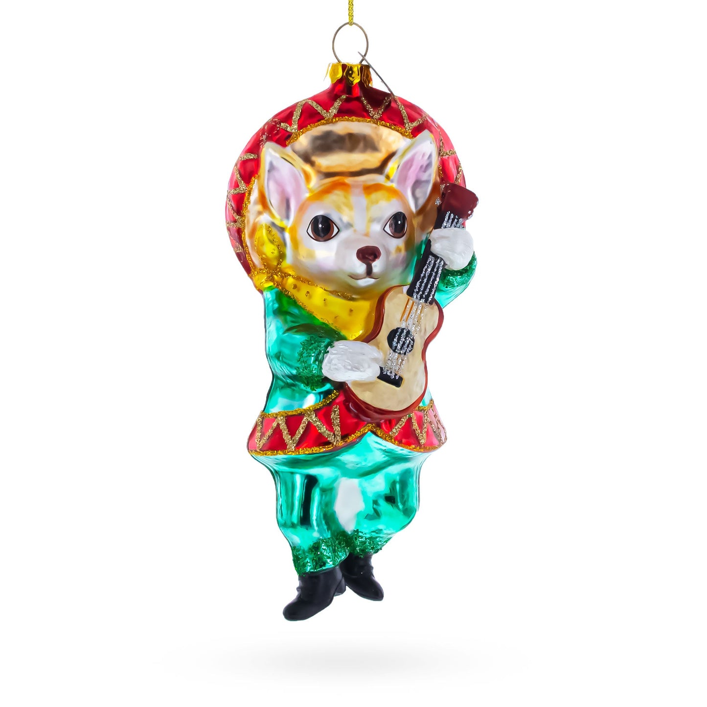 Chihuahua Dog in Sombrero Playing Guitar Blown Glass Christmas Ornament