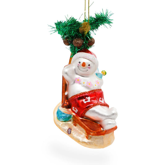 Tropical Snowman on the Beach Exotic Blown Glass Christmas Ornament