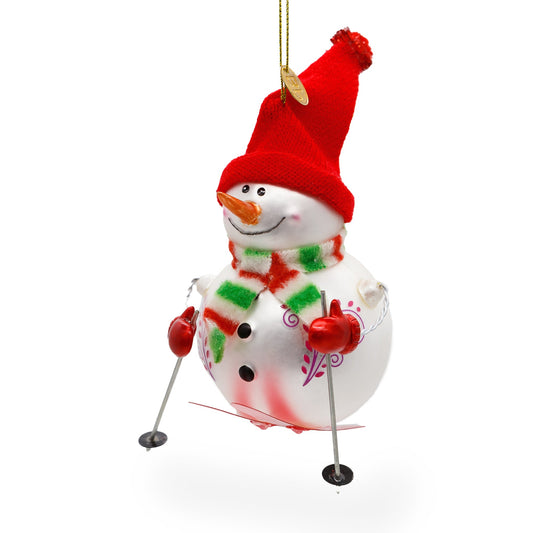 Whimsical Snowman Skiing Blown Glass Christmas Ornament