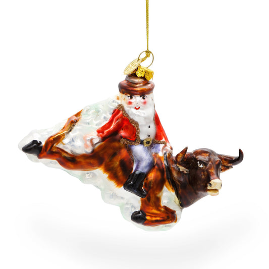 Daring Santa Riding a Bull on the Rodeo Blown Glass Christmas Ornament