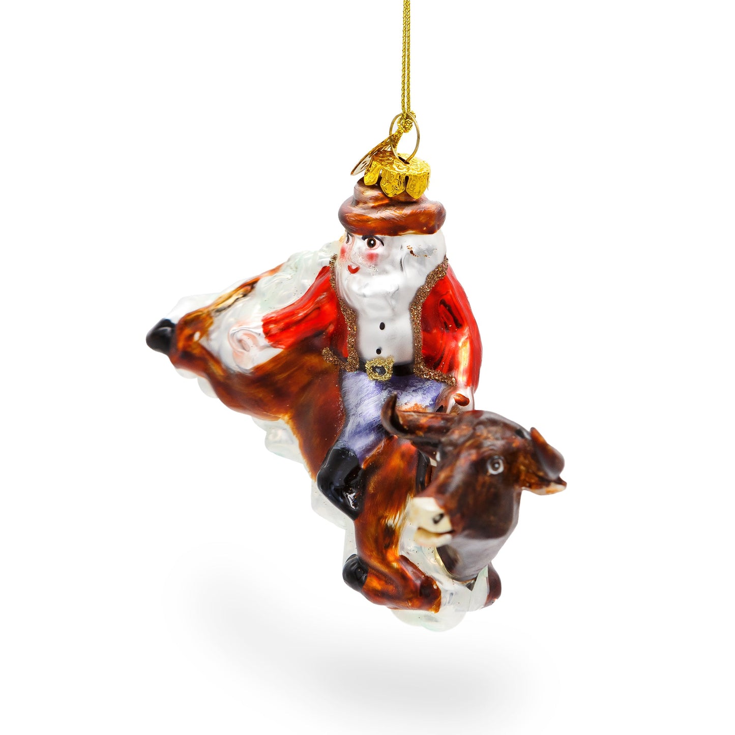 Daring Santa Riding a Bull on the Rodeo Blown Glass Christmas Ornament