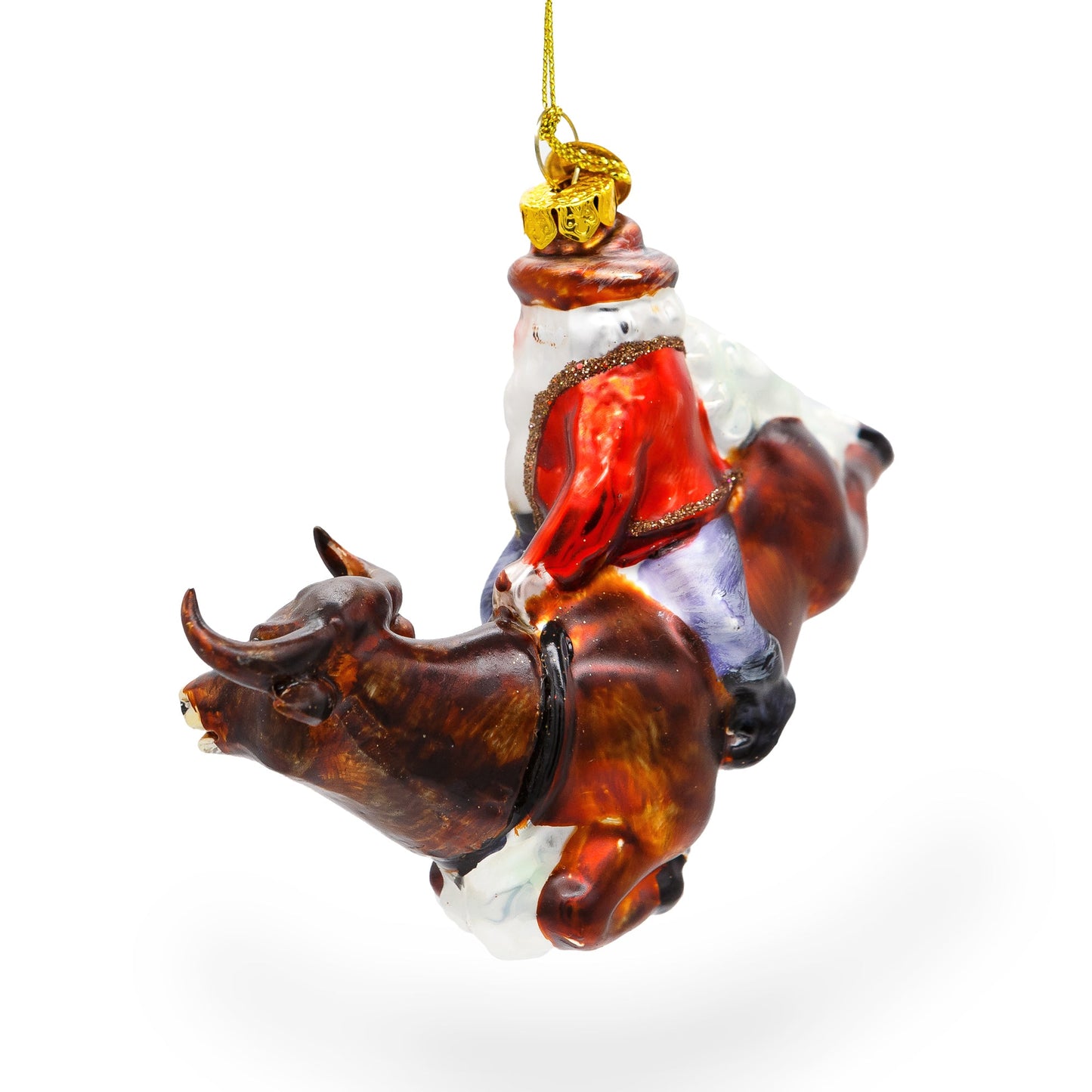 Daring Santa Riding a Bull on the Rodeo Blown Glass Christmas Ornament