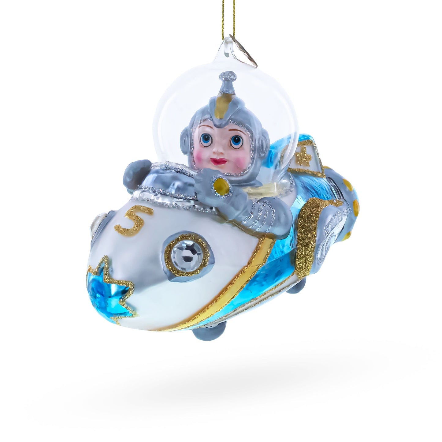 Astronaut Driving Spaceship Blown Glass Christmas Ornament