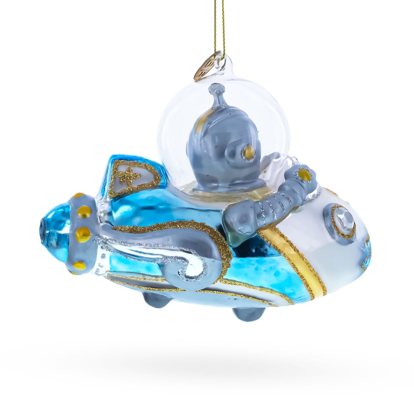 Astronaut Driving Spaceship Blown Glass Christmas Ornament