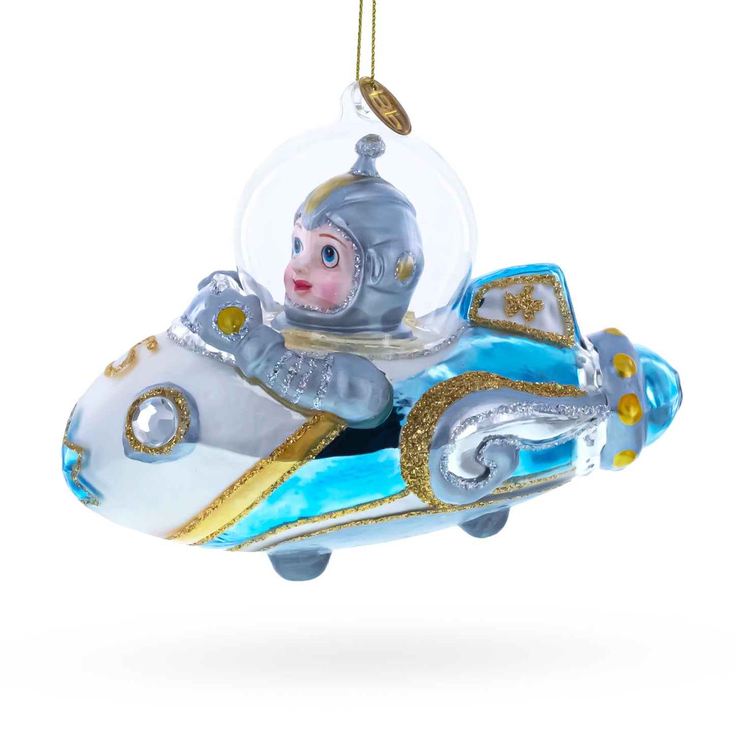 Astronaut Driving Spaceship Blown Glass Christmas Ornament