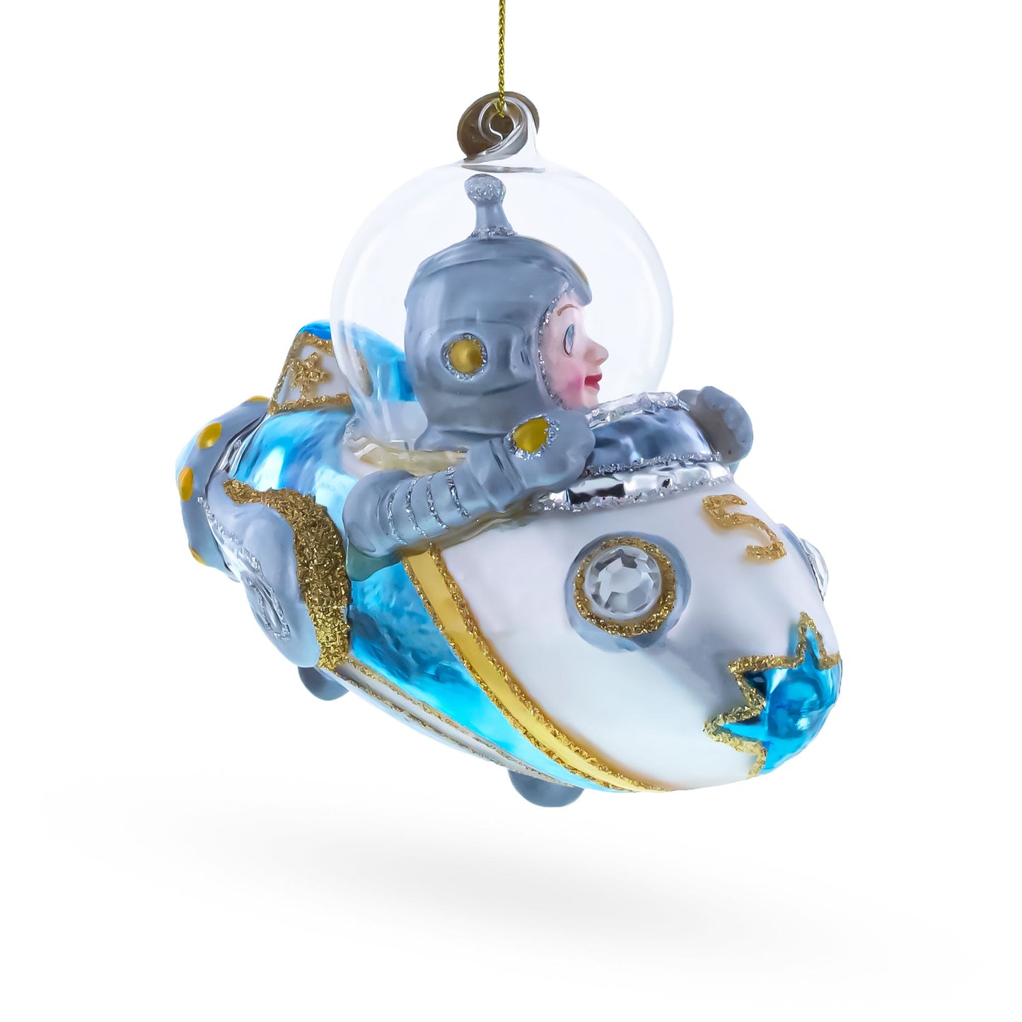 Astronaut Driving Spaceship Blown Glass Christmas Ornament