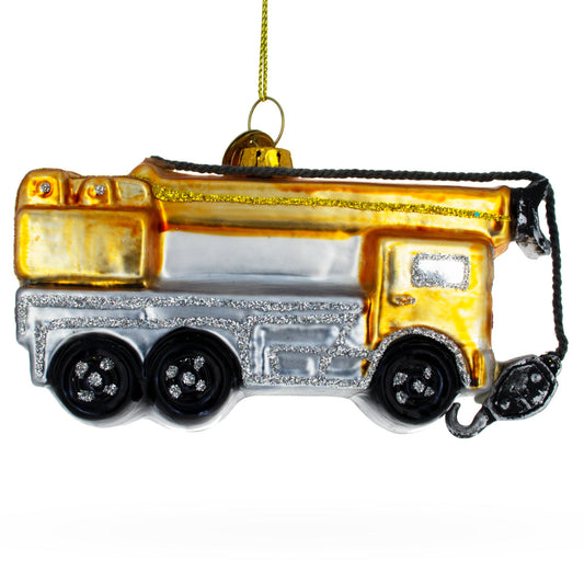 Vibrant Yellow Construction Crane Glass Christmas Ornament