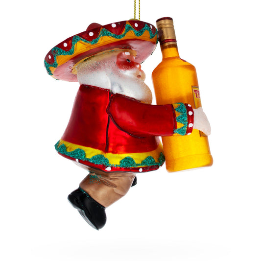 Santa Clutching Tequila Bottle Glass Christmas Ornament