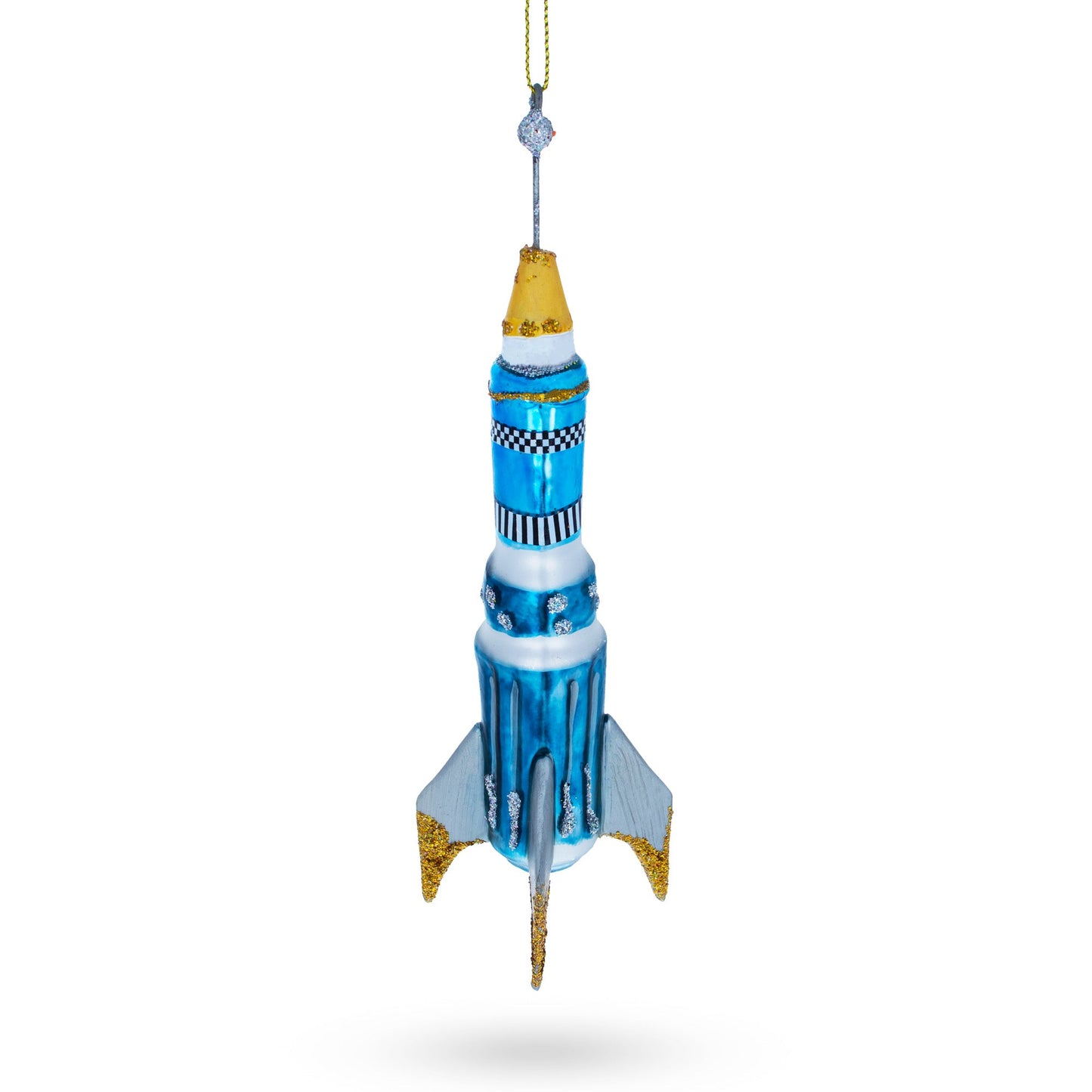 Cosmic Adventure: Blue Rocket Blown Glass Christmas Ornament