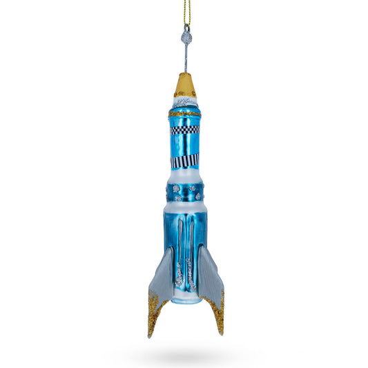 Cosmic Adventure: Blue Rocket Blown Glass Christmas Ornament