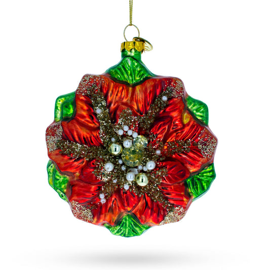 Elegant Poinsettia with Mother of Pearls Blown Glass Christmas Ornament