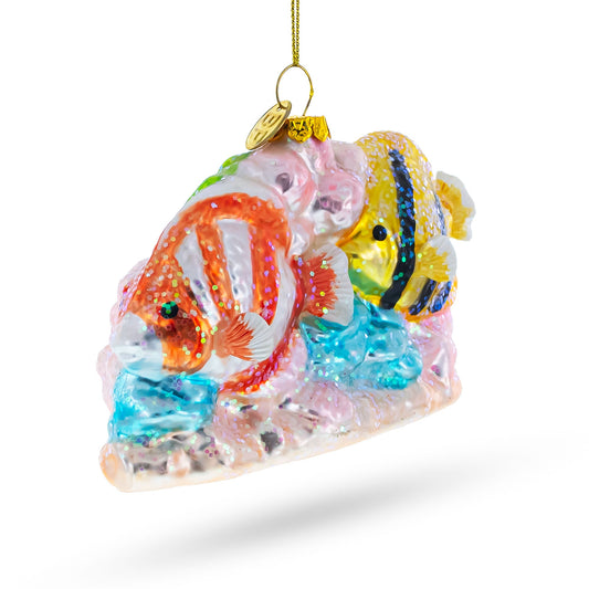 Vibrant Coral Reef Fishes Blown Glass Christmas Ornament