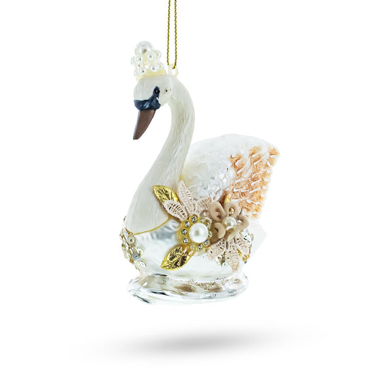 Elegant Royal Swan Adorned with Pearls Blown Glass Christmas Ornament