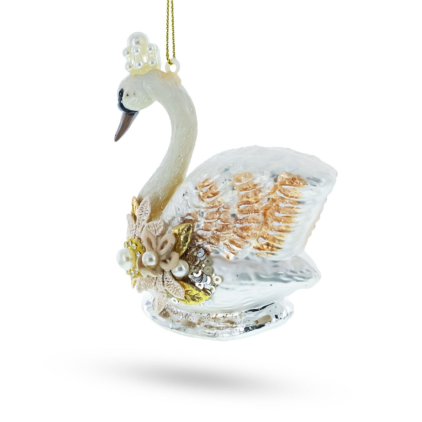 Elegant Royal Swan Adorned with Pearls Blown Glass Christmas Ornament